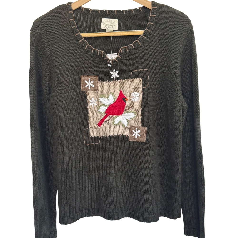 Christopher & Banks‎ Cardinal Embroidered Sweater Knit Long Sleeve Green Women L